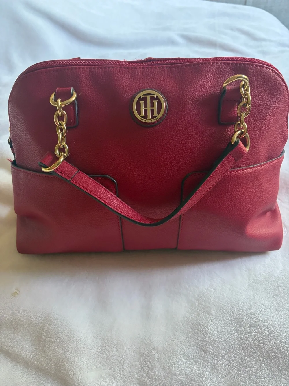 Tommy Hilfiger Red Dome Satchel with Gold Chain Handles 2018